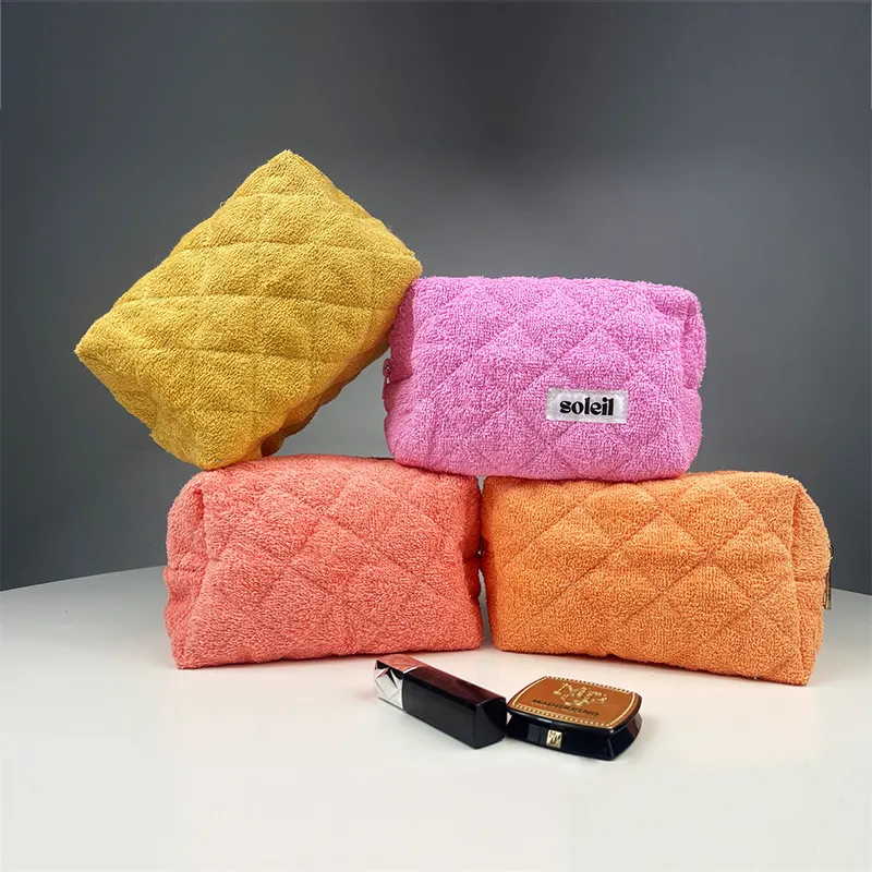 Custom Logo Travel Small Quilted Cosmetic Pouch Towelling Terry Cloth Makeup Bag For Women