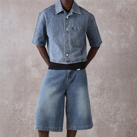 Ensemble short en jean orné de strass pour homme, 2 pièces, chemise boutonnée à manches courtes oversize, style vintage délavé, tenue décontractée streetwear