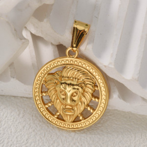 Pendentif Collier Homme Tête de Lion Creuse Ronde Personnalisable en Acier Inoxydable 316L Plaqué Or 18K avec Cordon Tressé Épais - Product Image 4