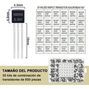 Kit de 600 transistors et diodes PNP TO-92, 30 types, 20 de chaque, BC337 <span class=keywords><strong>BC547</strong></span> <span class=keywords><strong>BC557</strong></span>, montage enfichable à trou traversant - Product Image 2