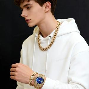 Conjunto de reloj y cadena <span class=keywords><strong>cubana</strong></span> de oro grande de metal estilo hip-hop exagerado para hombre y mujer, ideal para fiestas, reuniones anuales y ocasiones festivas. - Product Image 3