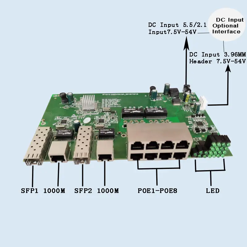 8port supply 100Mbps UTP port plus Uplink 2PCS 1.25G LC SFP POE Fiber Gigabit Switch IEEE802.3af/at total ports 10