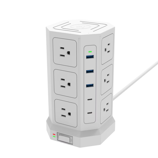 12 AC Outlets 5 USB (2 USB C) 1875W/15A 1700J Tower Charging Station 6.5FT 1875W/15A 1700J Extension Cord Surge Protector 240V
