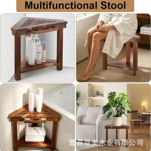 Wooden <b>Corner</b> <b>Shower</b> Stool With Storage <b>Rack</b> For Bathroom Furniture - Product Image 5