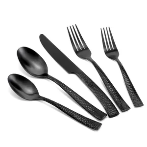 Set peralatan makan Stainless Steel, sendok garpu hitam Matte tempa tangan, Set peralatan pernikahan Restoran hitam