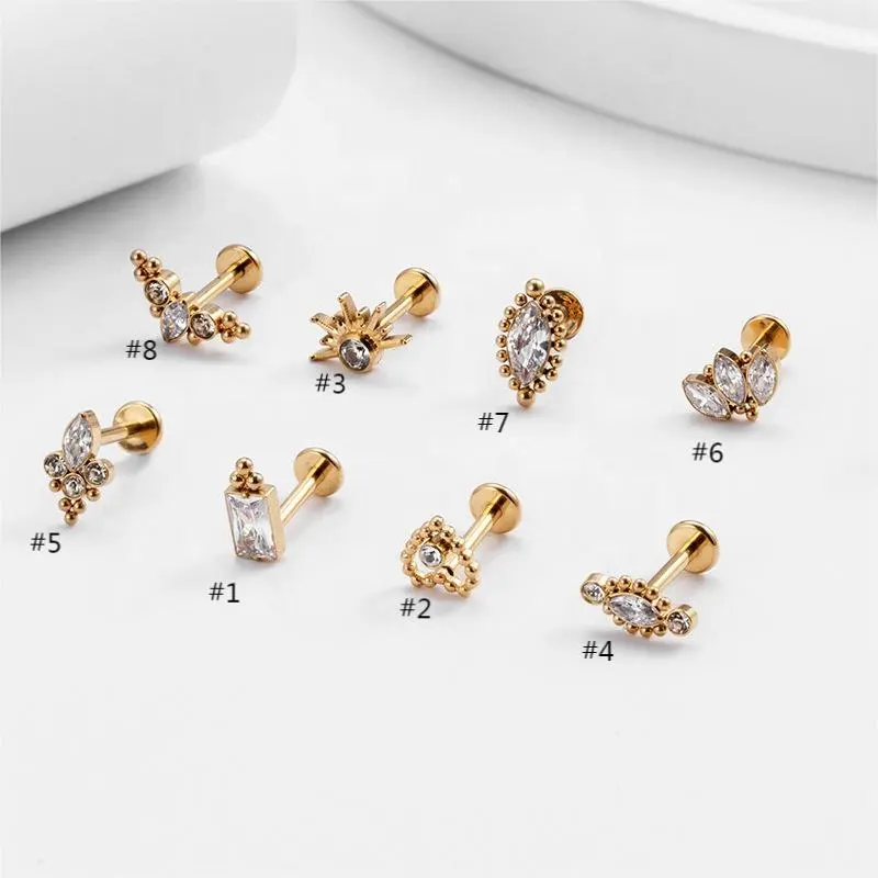 Wanti Vente en gros 16g G23 Titanium Devil eyes Sun CZ Top Push In Internally Threaded Labret Piercing Gold Earring Studs