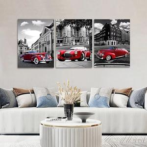 Affiches de décoration intérieure en 3 parties, paysage en noir et blanc de rue de ville nostalgique, peinture murale de voiture rouge, impressions sur toile tendue - Product Image 1