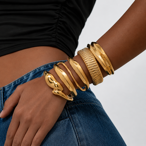 Wholesale Chunky Geometric Hiphop Gold Cuff <b>Bracelet</b> Stainless Steel 18K Gold Plated Unisex Wide Version Smooth Fashion Jewelry - Product Image 1