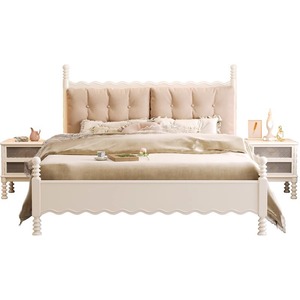 Light French Style Solid Wood <b>Double</b> <b>Bed</b> 1.8M Soft Headboard Platform <b>Bed</b> Frame Creamy Korean Style Bedroom Furniture - Product Image 4