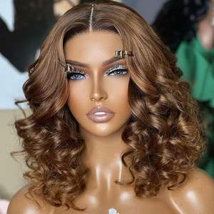 Perruque Bob Lace Front Wig péruvienne, cheveux humains bouclés, <span class=keywords><strong>couleur</strong></span> <span class=keywords><strong>Caramel</strong></span>, Double noie, perruque Body Wave, fournisseur de perruque Lace Front Wig, vente en gros - Product Image 1