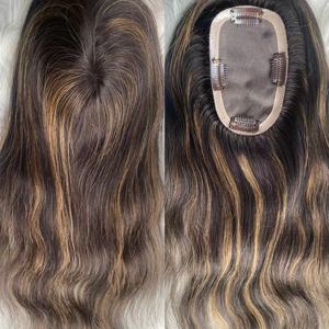 Extensiones de Cabello Humano Virgen Color <span class=keywords><strong>Castaño</strong></span> <span class=keywords><strong>con</strong></span> Reflejos Rubios, Base Mono, para Uso Diario, Pre-Desplumadas - Product Image 4