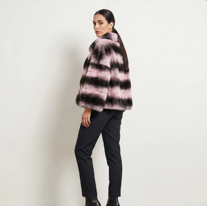 Cappotto Corto in Vera <span class=keywords><strong>Pelliccia</strong></span> di Coniglio Rex per Donne, Sfumato Rosa e Nero a Righe, <span class=keywords><strong>Pelliccia</strong></span> Naturale Autentica - Product Image 1