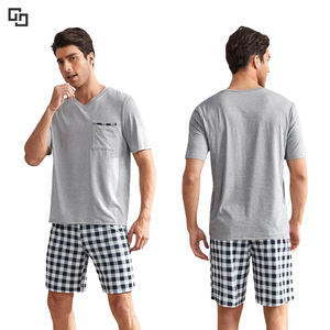 Shorts a quadri e T Shirt a maniche corte morbido Set loungwear con tasche in <span class=keywords><strong>cotone</strong></span> bambù pigiami da notte da <span class=keywords><strong>uomo</strong></span> - Product Image 1