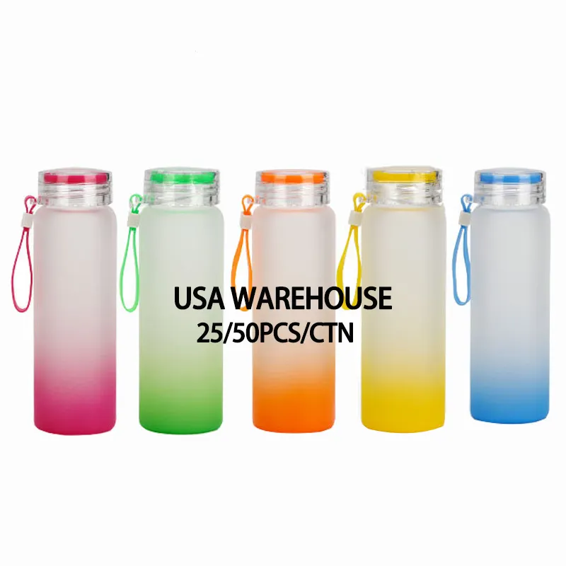 Mazoho USA Warehouse Gradient Color Drinking Water Bottles 16/17/25oz Sublimation Frosted Glass Water Bottles With Plastic Lid