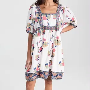 Vestido casual boho estampado personalizado estilo étnico de gola quadrada, pulôver de verão feminino personalizado, vestido de mangas curtas, desenho feito sob medida, 2024