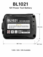 Compatible avec la batterie lithium-ion BL1021 12V 30Ah ; Convient également aux perceuses sans fil BL1041 et autres outils électriques fabriqués en Chine.