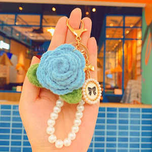 Weave Camellia Rose Keychain Women Girl Bag Pendant Car Charm Gift Crochet Fashion Flower Plush Pearl Key Chain - Product Image 5