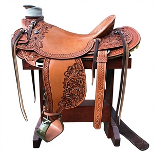 Silla de montar occidental de cuero con adornos florales y herrajes de latón para equipo de equitación, precio directo de mayoreo - Product Image 1