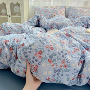 Set Quattro Pezzi in Cotone Lavato Ecologico Personalizzato con Effetto Stropicciato, Stile Coreano con Piccoli Motivi Floreali, Nuova Copripiumino e <span class=keywords><strong>Lenzuola</strong></span> - Product Image 2