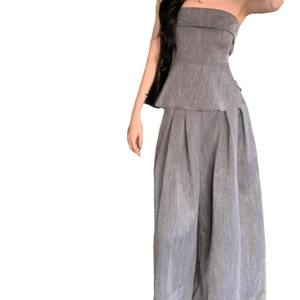 Conjunto de Dos Piezas para Mujer, Top Bandeau sin Mangas y Pantalones Cortos Grises, Estilo Vintage, Secado Rápido, Tela de Spandex/Algodón, Moda Casual de Verano - Product Image 5