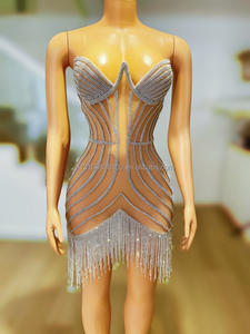 Robe de mannequin sans manches à franges, <span class=keywords><strong>Sexy</strong></span>, maille pleine de diamants, modèle de défilé, <span class=keywords><strong>photographe</strong></span> - Product Image 4