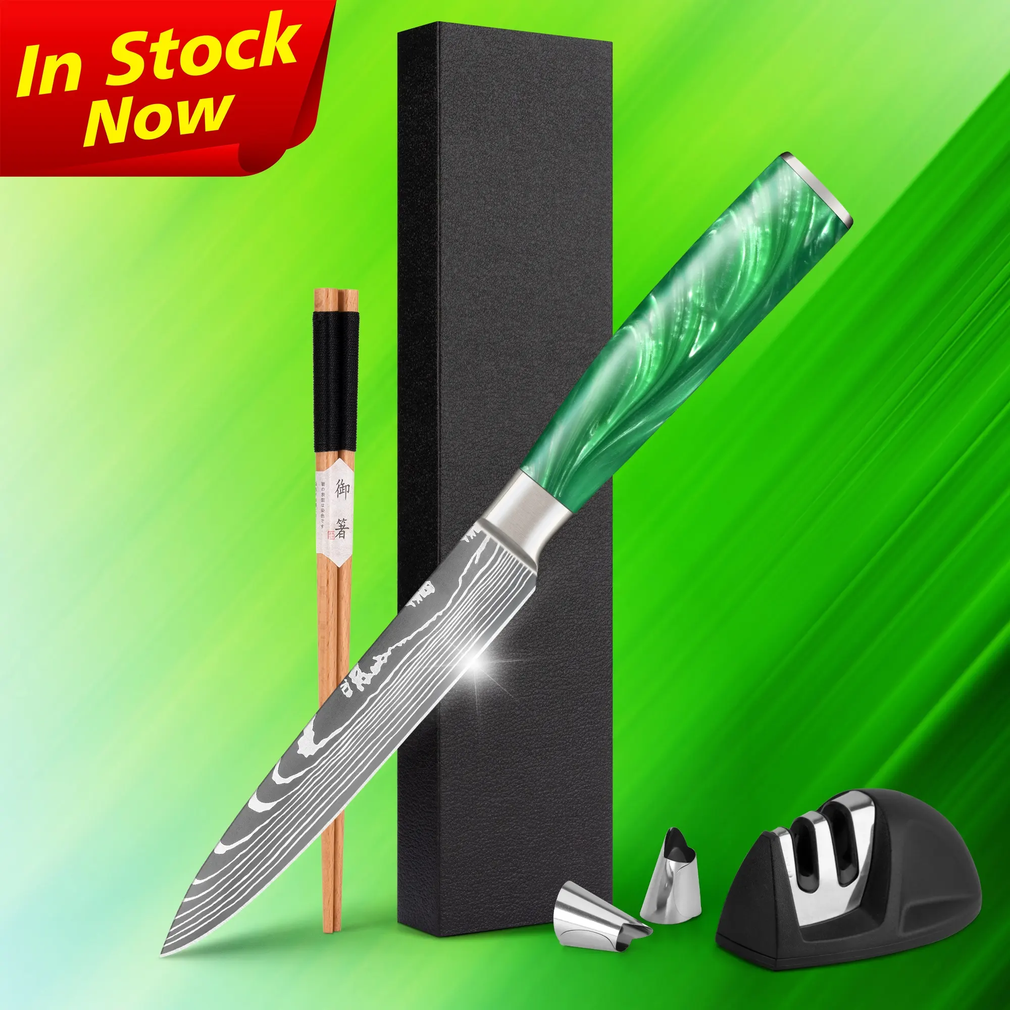 Miễn phí vận chuyển 5 inch Damascus thép nhà bếp tiện ích slicing Knife cho bít tết Nhà hàng với jadeite nhựa màu xanh lá cây xử lý