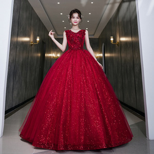 Red Sequin Evening Gown Women Formal Dress Stage Performance Tutu Skirt Claret Polyester Fiber - Product Image 4