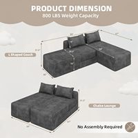 Canapé modulaire sectionnel en velours côtelé, en forme de L, trois places, réversible, convertible en chaise longue, avec dossier coussin et design sans accoudoirs