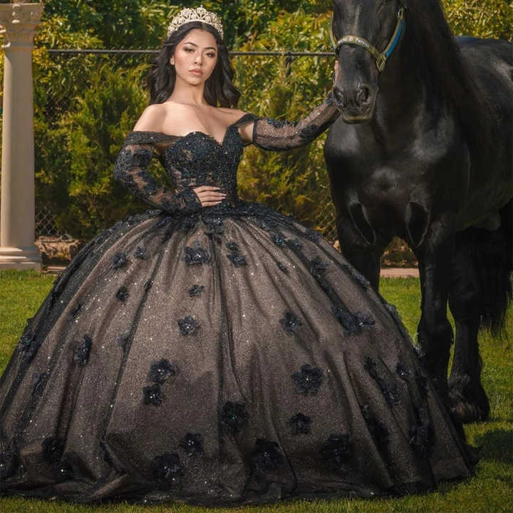 Princess Glitter Black Beaded Quinceanera Dresses Sweet 15 16 Party Ball Gowns Y5745