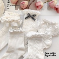 Chaussettes d'hiver pour enfants, en polyester/coton jacquard respirant, à dentelle, polyvalentes, pour filles, blanches, style princesse, mi-mollet, à motif aiguille