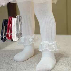 Leggings moulants en dentelle évasée pour filles, bas tricotés à pieds pour enfants, collants en coton peigné pour bébé - Product Image 1