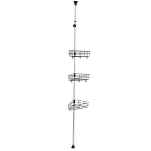 BAOYOUNI Metal 3 Tiers Tension Pole Bathroom Shower Caddy Shelves Organizer Adjustable Corner Rack with Wire Basket no drilling