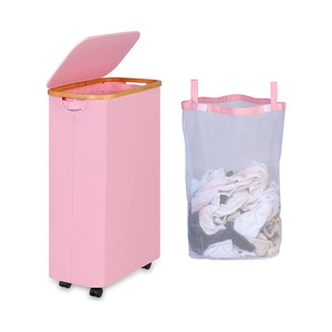 Tùy chỉnh tre giặt cản trở với xử lý và nắp ráp có thể tháo rời quần áo bẩn lưu trữ giỏ với bánh xe - Product Image 1