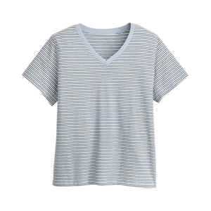 T-shirt rayé léger en coton infroissable à manches courtes pour femme, grande taille, compact et polyvalent, indispensable pour les déplacements - Product Image 1