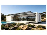 Villa préfabriquée en acier léger, moderne, minimaliste, luxueuse, imperméable, écologique, 1 chambre, 1 salle de bain, toit plat, maison blanche, piscine, pergola