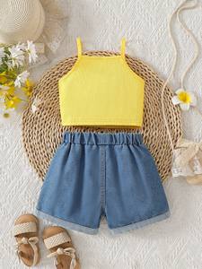 Completo da bambina 2026: Top a canotta floreale 3D stile pastorale e pantaloncini in denim ricamati - <span class=keywords><strong>Abbigliamento</strong></span> per bambine - Product Image 2