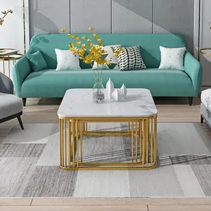 High Fashion Stainless Steel Plating Living Room Square Coffee Table Furniture In Gold Color Frame Coffee Table Set