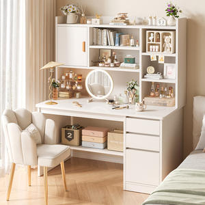 木质梳妆台简约女生卧室奶油INS风格大容量储物化妆台学生书架集成书桌 - Product Image 1