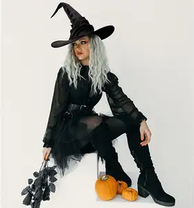 halloween witch hats fold Women Halloween Costume Decorations Cosplay witch hat Curved horn witch hat
