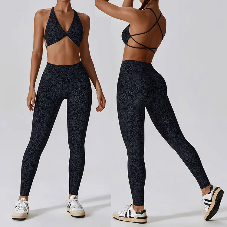 Bra label pribadi pakaian olahraga wanita, 2 buah Set pakaian kebugaran Gym wanita dua V seksi Bra olahraga ikat dan pewarna pakaian Yoga