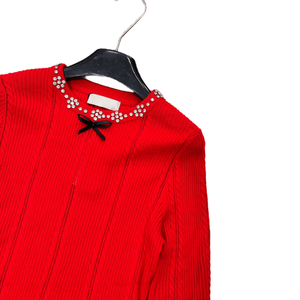 Suéter de punto acanalado con detalle de lazo de diamantes de imitación para mujer, top informal de manga larga con cuello redondo - Product Image 5