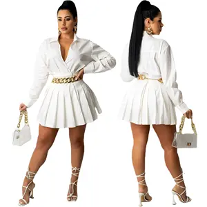 J&H 2023 spring summer fashion all white dress ladies elegance v neck pleat skirts women mini dress casual wear