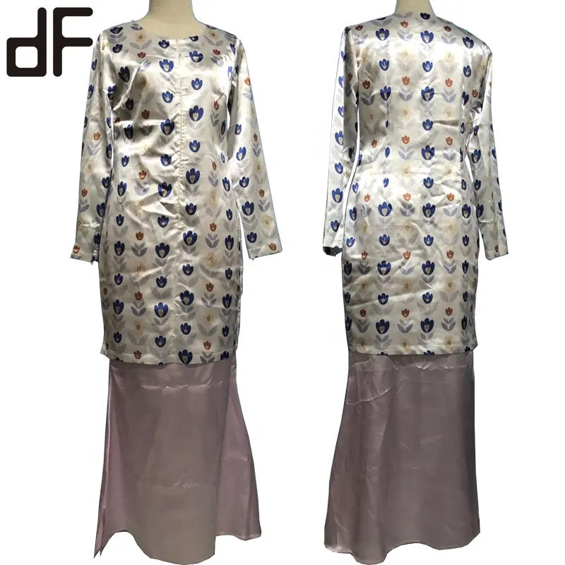 Скромная Мода Дубай модный Печатный исламский дизайн одежды Малайзия 2 штуки Abaya с хиджаб сатин Baju Kurung и Baju Melayu