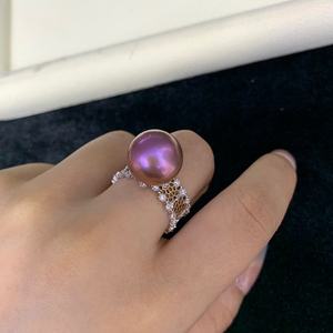 Wenchi Natural Freshwater Purple Pearl Ring 12-13mm Strong Light Basic Flawless Pure Silver S925 Retro Lace 100% Silver Material - Product Image 1