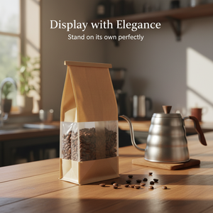 Window-front kraft paper bags with a flat bottom and a resealable closure, suitable for <b>packaging</b> coffee, bread and dried fruit - Product Image 5