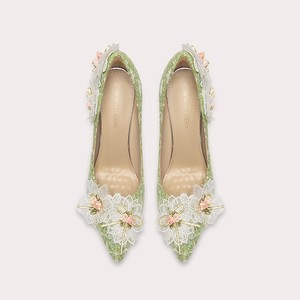 Eleganti Tacchi Alti Verde Chiaro con Pizzo Bianco e Decorazioni Floreali Rosa, Scarpe a Punta Taglia Grande - Product Image 3