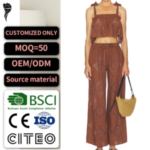 Completo coordinato due pezzi da donna in <span class=keywords><strong>lino</strong></span> marrone stile Boho Chic: Top corto con spalline all'uncinetto e pizzo traforato e <span class=keywords><strong>pantaloni</strong></span> a gamba larga con coulisse - Product Image 1