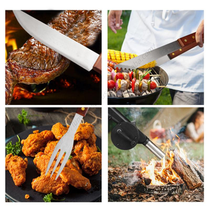 Vente en gros d'accessoires pour barbecue en acier inoxydable W013, pinces pour barbecue d'extérieur, kit d'outils, ensemble de barbecue avec manche en bois - Product Image 3