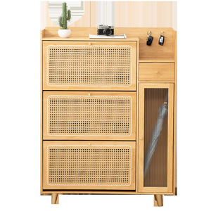 <span class=keywords><strong>Meuble</strong></span> <span class=keywords><strong>de</strong></span> rangement moderne et portable en bambou à 3 tiroirs avec porte vitrée, multifonctionnel, empilable et réglable pour salon - Product Image 1
