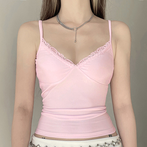 Vente chaude Y2K – Nouveau débardeur sexy en maille à col en V et patchwork de dentelle, coupe ajustée pour femme, idéal pour l'été – Vente en gros - Product Image 2